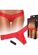 Hustler Toys Vibrating Panties Panty Vibe Lace Thong With Hidden Vibe Pocket - Red - Medium/large